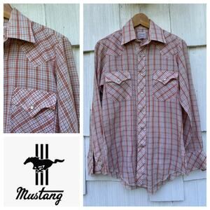 Mustang Western Pearl Snap Plaid‎ Shirt Long Sleeves Chest Pockets Size 15-32